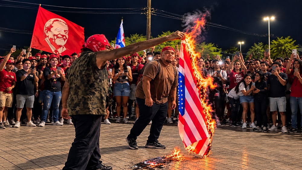 Manifestantes queimam bandeira dos EUA em atos pró-Lula