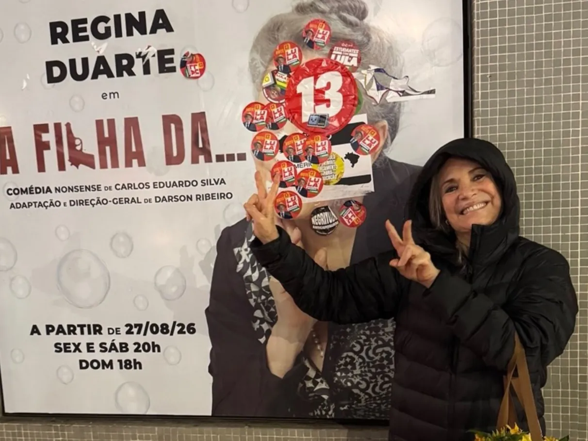 Regina Duarte reage a cartaz vandalizado e Gabriela Duarte exclui post sobre ato