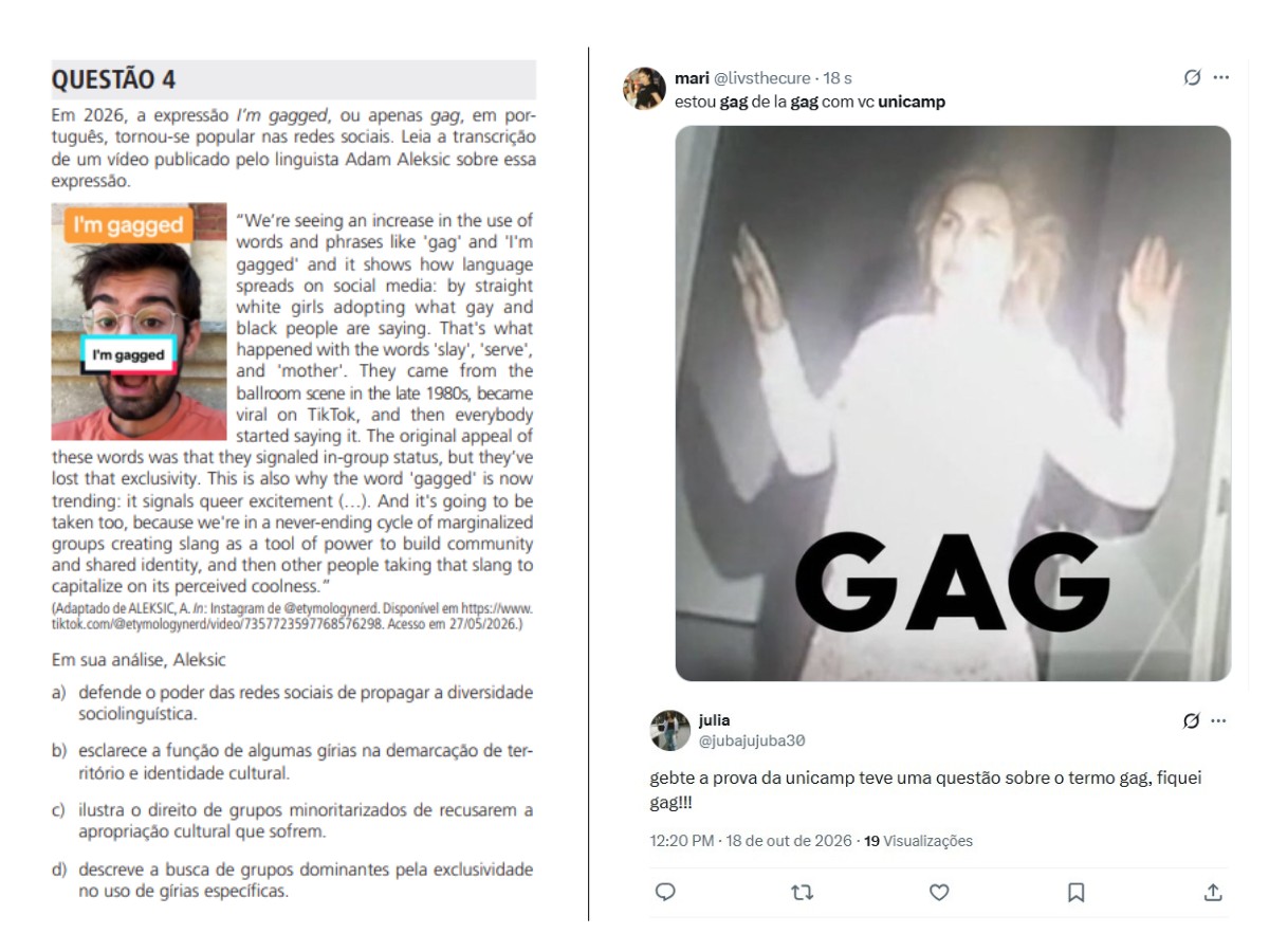 Gíria 'I'm gagging' cai em prova da Unicamp e repercute entre estudantes